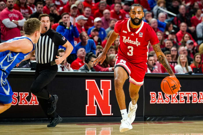 Nebraska Cornhuskers guard Brice Williams (3) dribbles the ball against the Creighton Bluejays during the first half at Pinnacle Bank Arena.